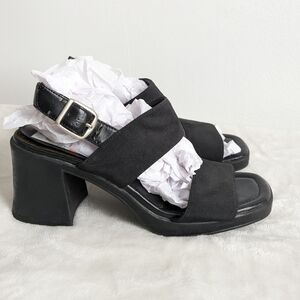Vintage 90s Black Leather Square Toe Block Heeled Sandals Lizzy Mcguire 7